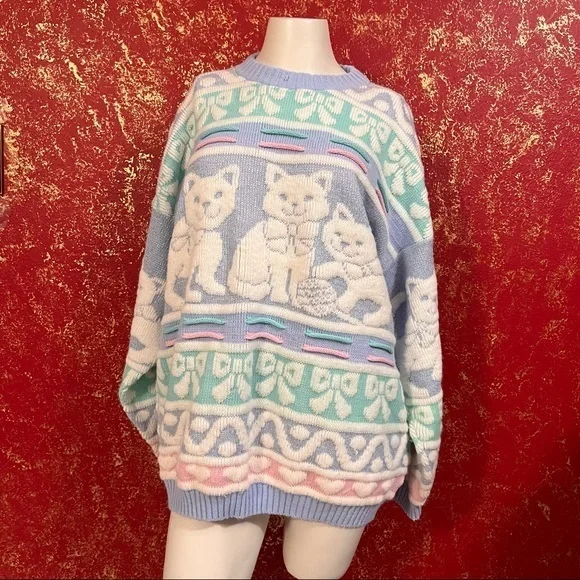 ROSE Vintage Pastel Cat Kitten Fairy Kei kawaii Jumper Sweater M - Picture 1 of 9